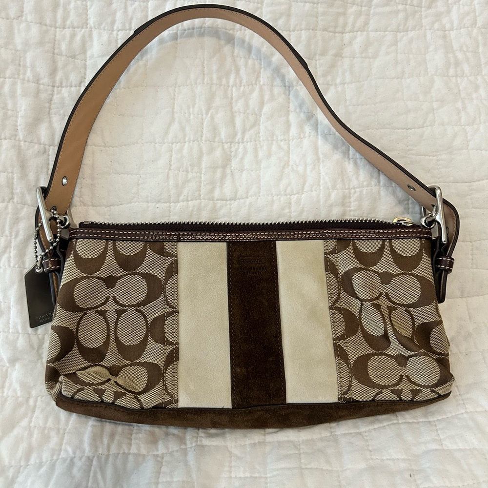 Coach Brown and Cream Signature Demi Baguette Shoulder Bag